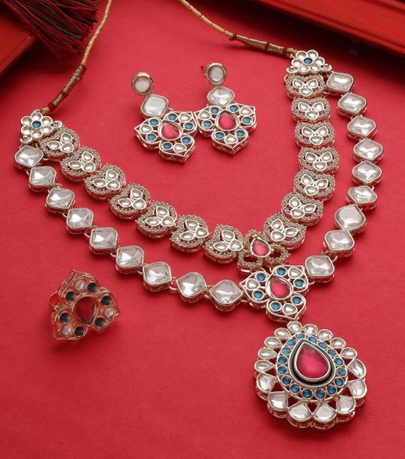 Jewel City Designer Kundan Necklace Set with Earrings & Ring | Gold-Plated Dual Layer Bridal Jewelry - Distacart