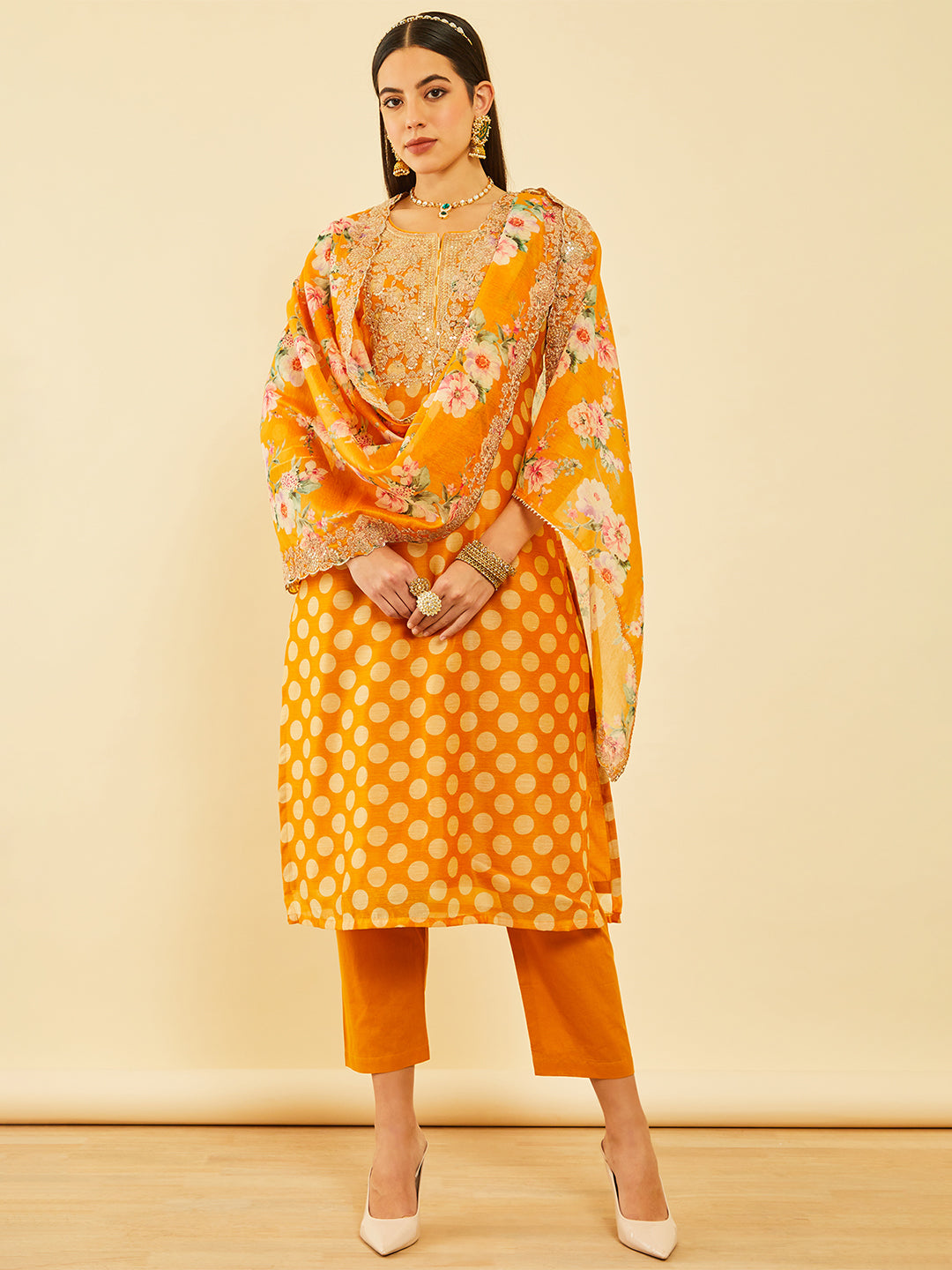 Soch Floral Embroidered Regular Sequinned Chanderi Silk Kurta with Trousers & With Dupatta - Distacart