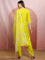 Thumbnail for Vishudh Lime Green Floral Yoke Design Thread Work Straight Kurta With Trousers & Dupatta