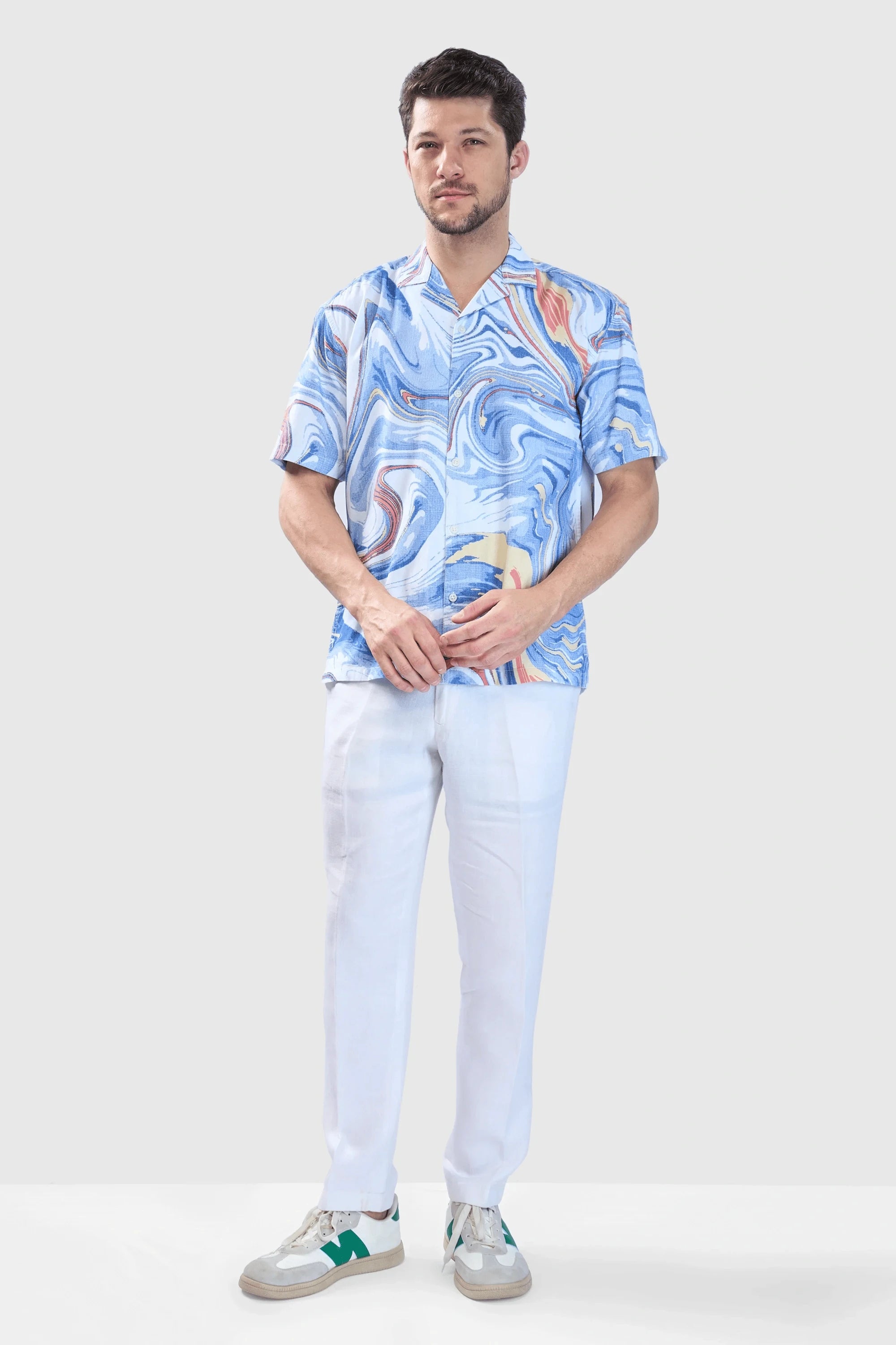 Xkind Blue Fine Cord Drop Shoulder Printed Relaxed Fit Shirt