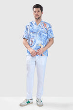 Thumbnail for Xkind Blue Fine Cord Drop Shoulder Printed Relaxed Fit Shirt