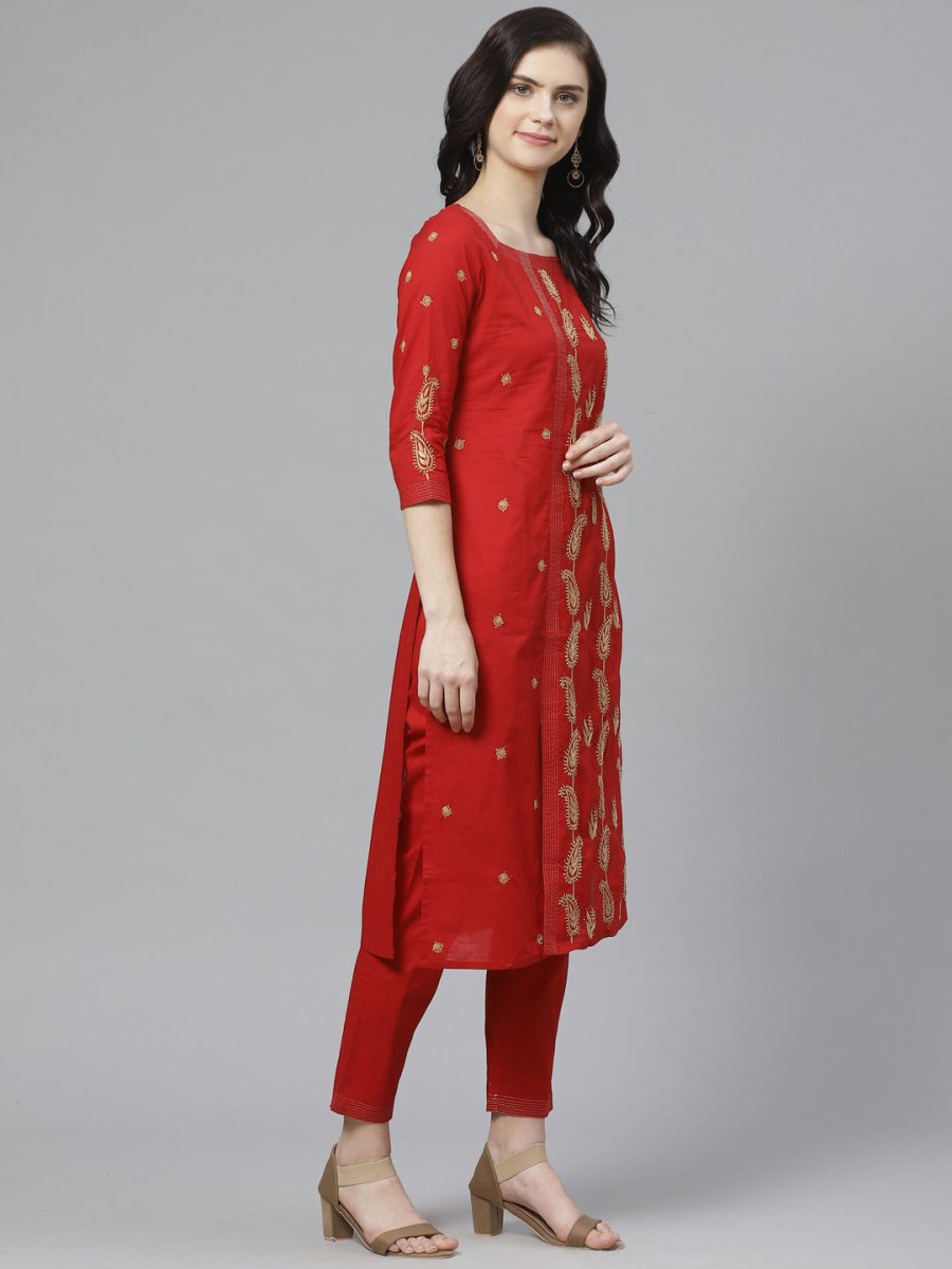 ADA Women Red & Beige Paisley Chikankari Embroidered Sustainable Handloom Kurta with Trousers - Distacart