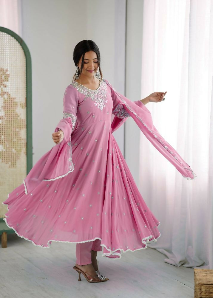 Teeya Creation Baby Pink Color Faux georgette Embroidery Work Wedding Wear Gown - Distacart