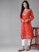 Thumbnail for ADA Women Red & White Pure Cotton Chikankari Embroidered Handloom Kurta with Solid Trousers - Distacart