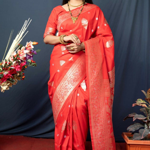 Jyoti Fashion Women's Orange Paithani Silk Zari Woven Saree with Blouse - Distacart