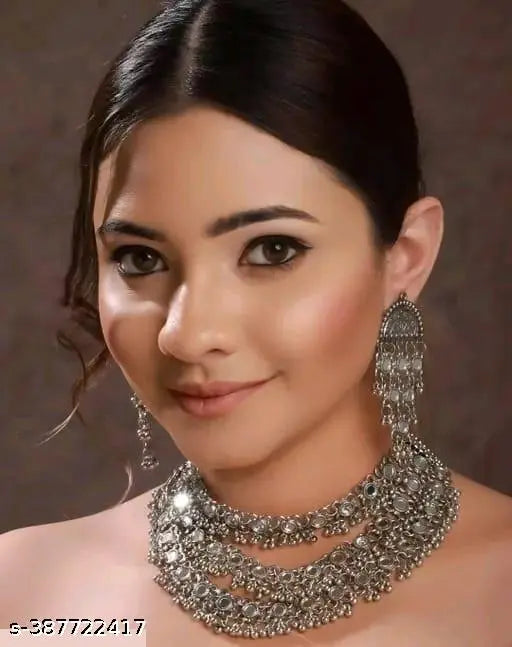 Tehzeeb Creations Women's Silver Colour Oxidised Necklace Set With Mirror Design - Distacart