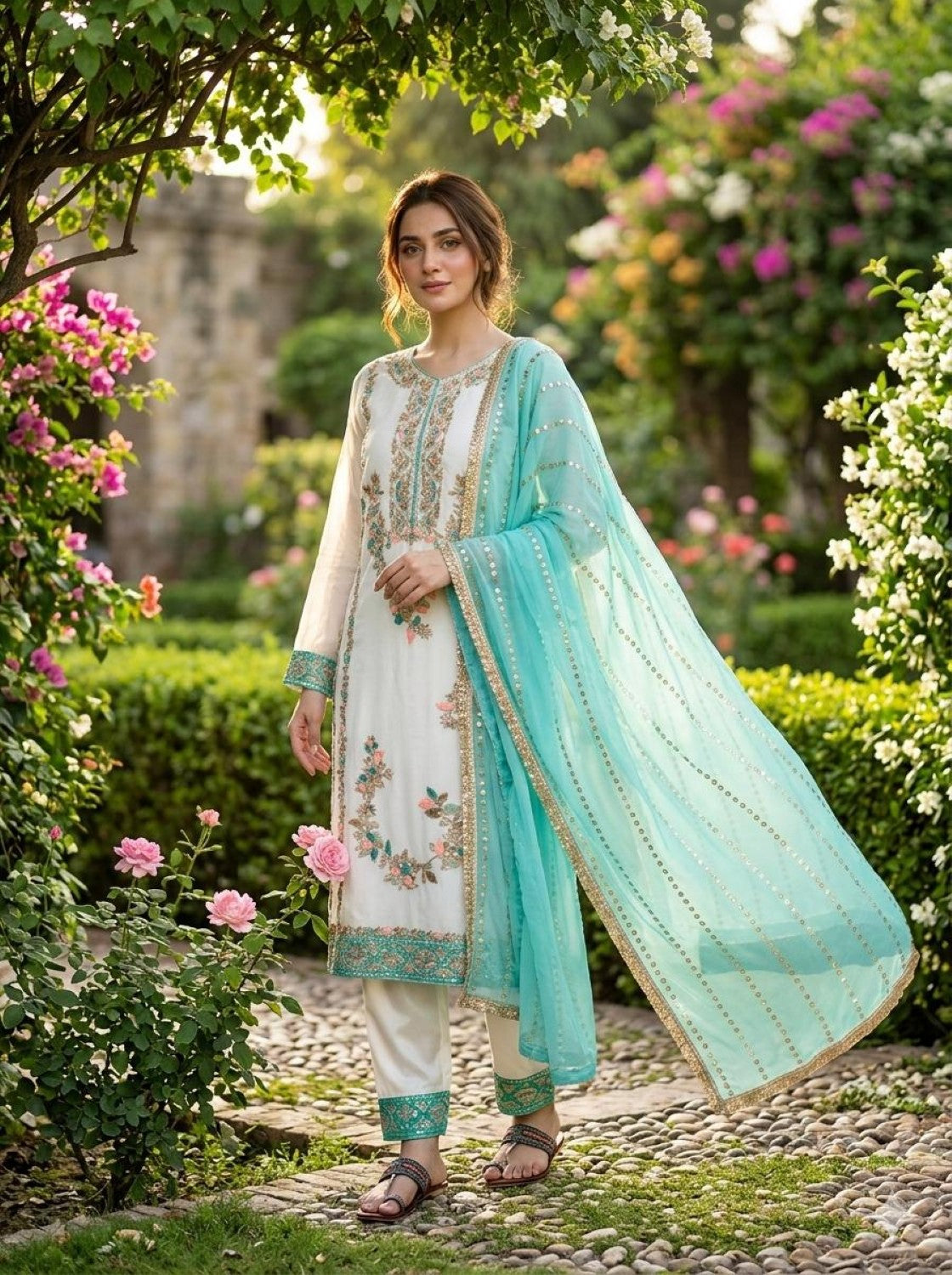 Anaita Blue & White Gimmy Chu Readymade Suit with Embroidery & Moti Work - Dista