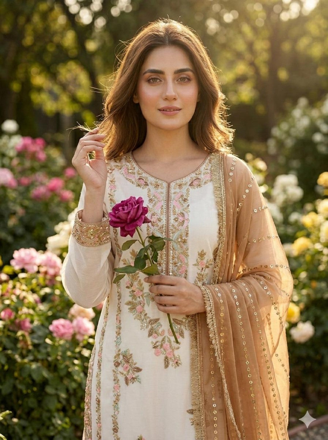 Anaita Brown & White Gimmy Chu Readymade Suit with Embroidery & Moti Work - Dista