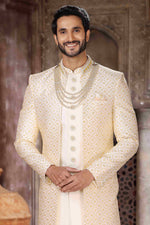 Thumbnail for Raivat Ethnic Art Silk Embroidery Work 3 Pcs Indo Jacket Set In Cream Colour