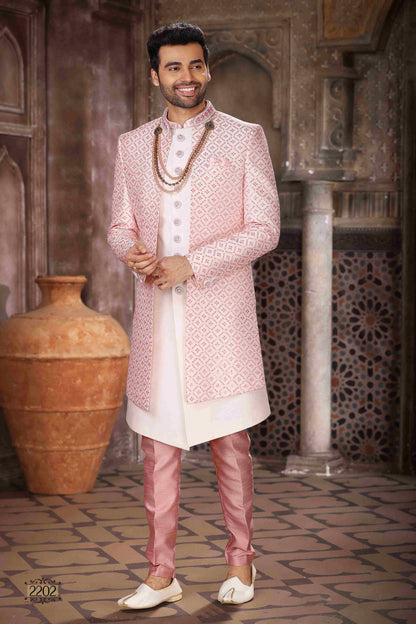 Raivat Ethnic Art Silk Embroidery Work 3 Pcs Indo Jacket Set In Cream Colour - Distacart