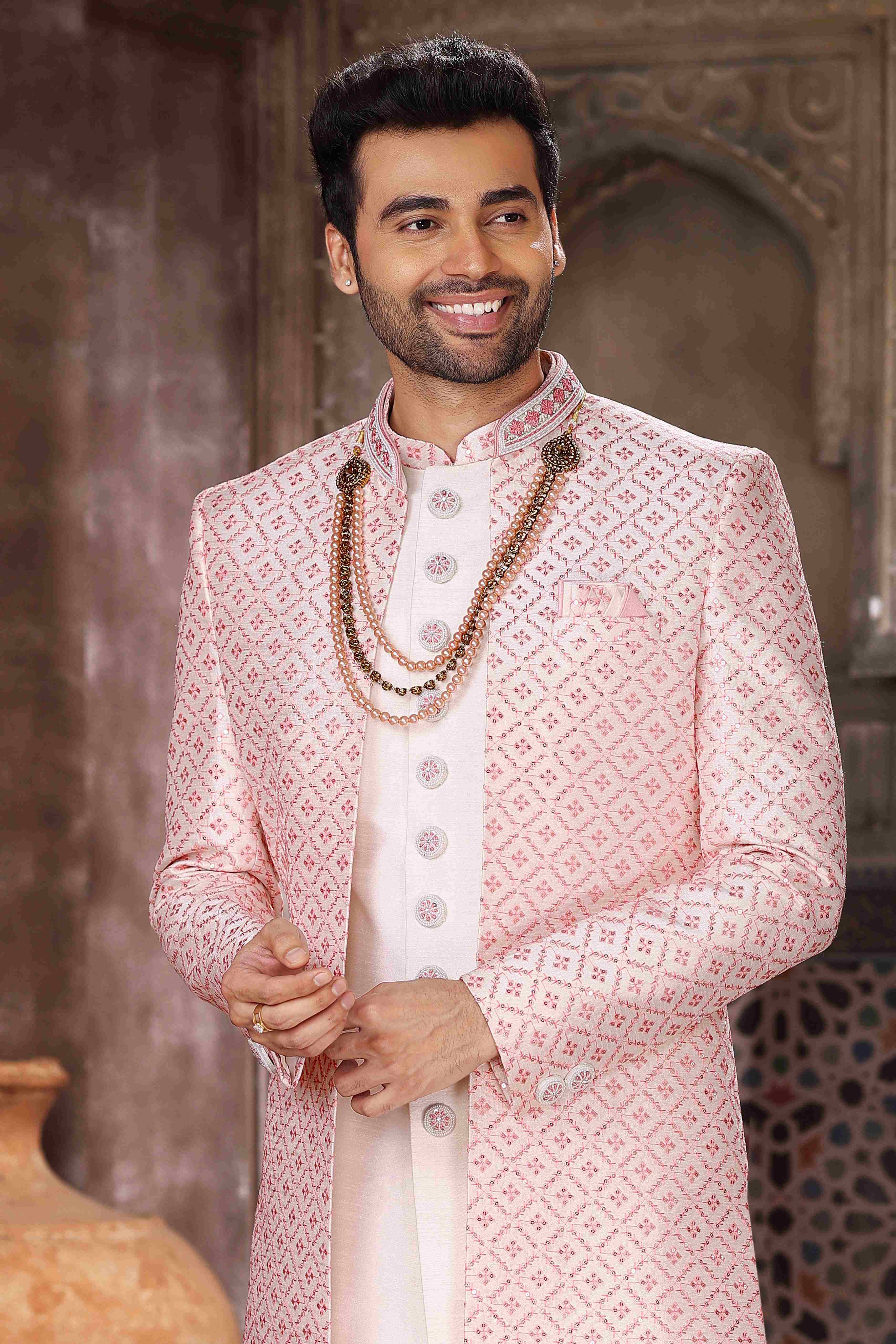 Raivat Ethnic Art Silk Embroidery Work 3 Pcs Indo Jacket Set In Cream Colour