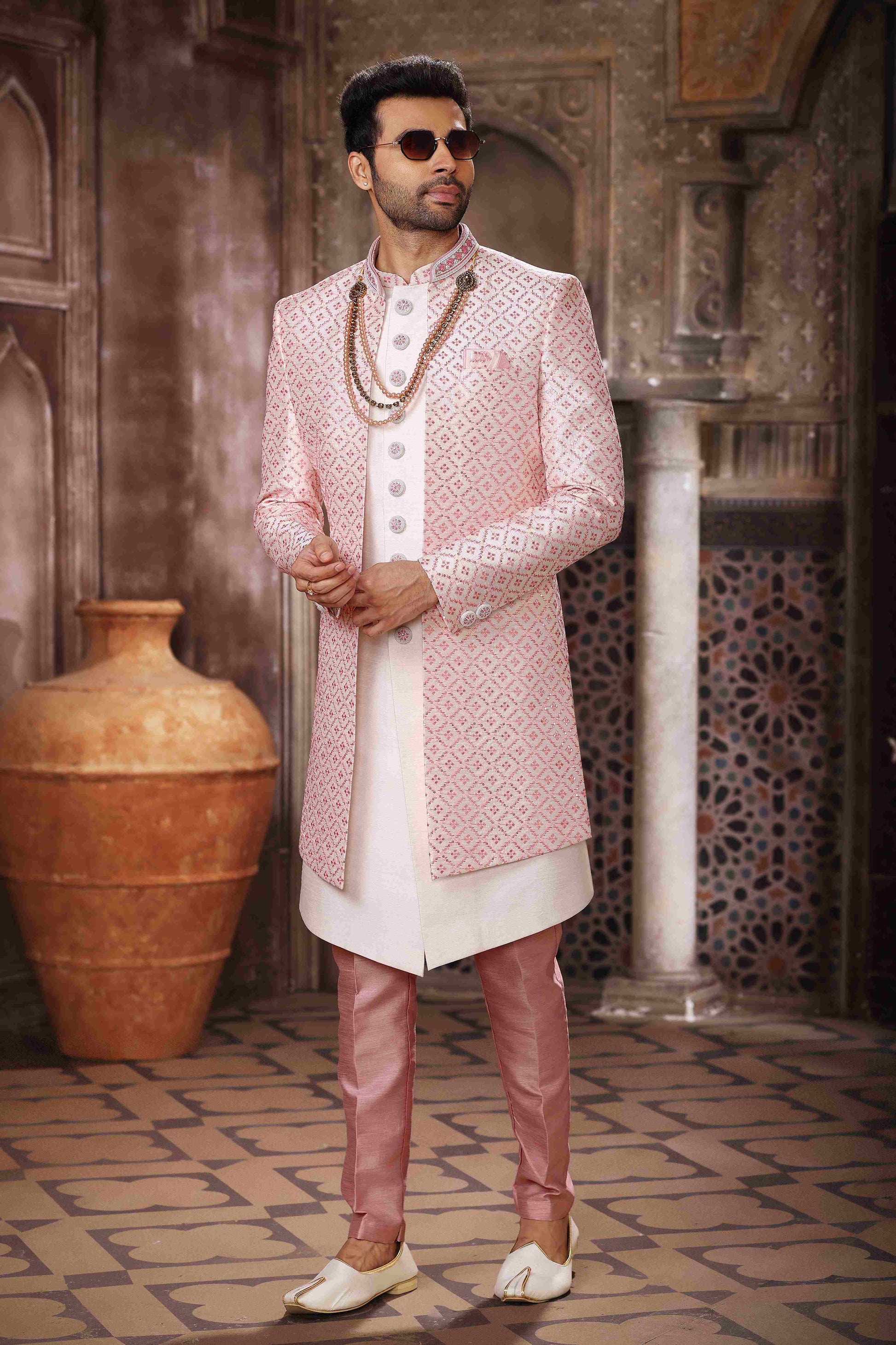 Raivat Ethnic Art Silk Embroidery Work 3 Pcs Indo Jacket Set In Cream Colour - Distacart