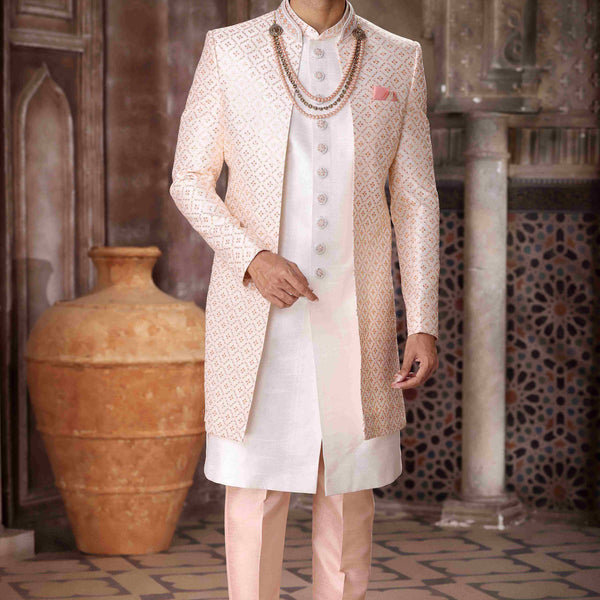 Raivat Ethnic Art Silk Embroidery Work 3 Pcs Indo Jacket Set In Cream Colour