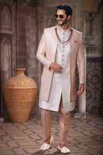 Thumbnail for Raivat Ethnic Art Silk Embroidery Work 3 Pcs Indo Jacket Set In Cream Colour