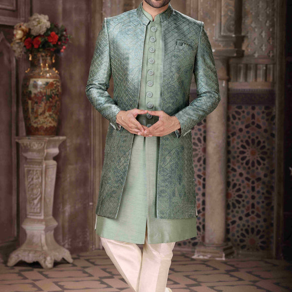 Raivat Ethnic Art Silk Embroidery Work 3 Pcs Indo Jacket Set In Green Colour