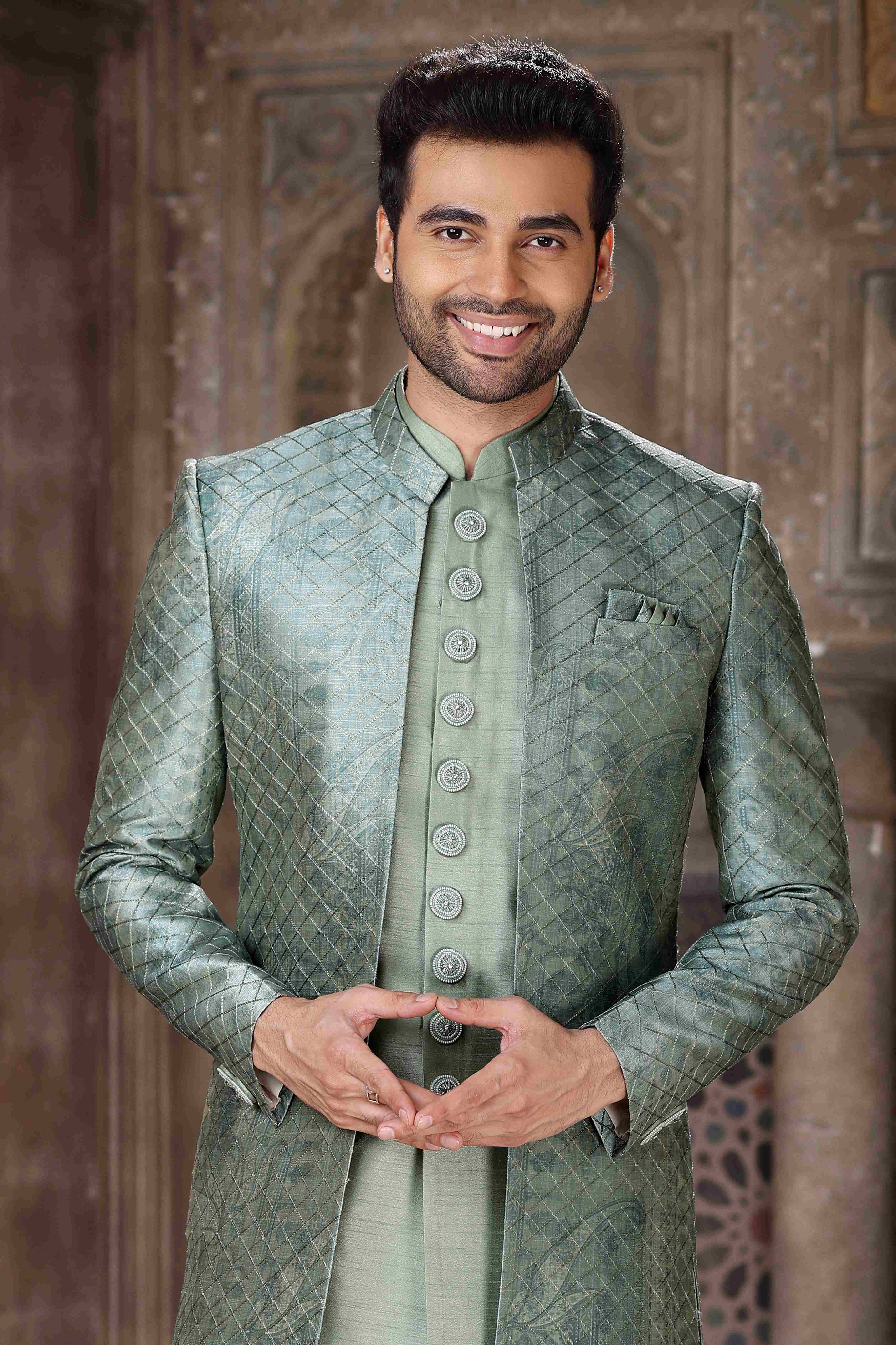 Raivat Ethnic Art Silk Embroidery Work 3 Pcs Indo Jacket Set In Green Colour