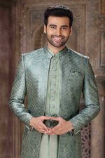 Thumbnail for Raivat Ethnic Art Silk Embroidery Work 3 Pcs Indo Jacket Set In Green Colour