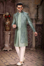 Thumbnail for Raivat Ethnic Art Silk Embroidery Work 3 Pcs Indo Jacket Set In Green Colour