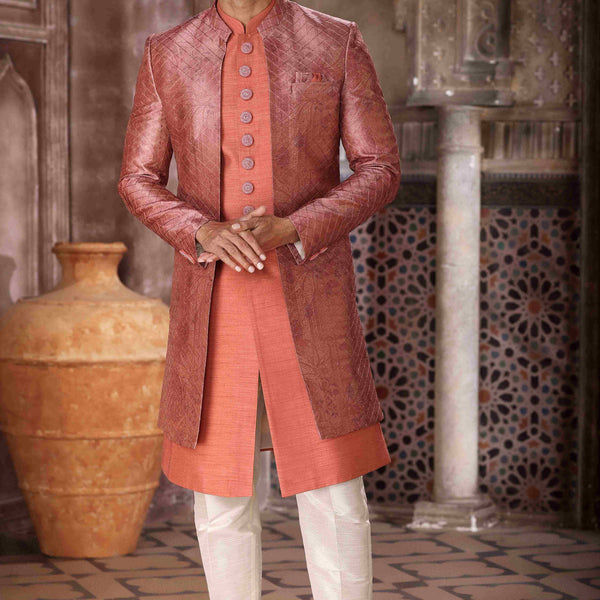 Raivat Ethnic Art Silk Embroidery Work 3 Pcs Indo Jacket Set In Brown Orange Colour
