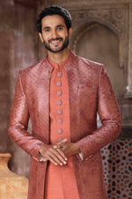 Thumbnail for Raivat Ethnic Art Silk Embroidery Work 3 Pcs Indo Jacket Set In Brown Orange Colour