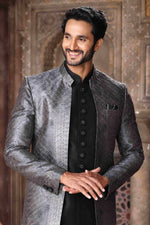 Thumbnail for Raivat Ethnic Art Silk Embroidery Work 3 Pcs Indo Jacket Set In Grey Black Colour