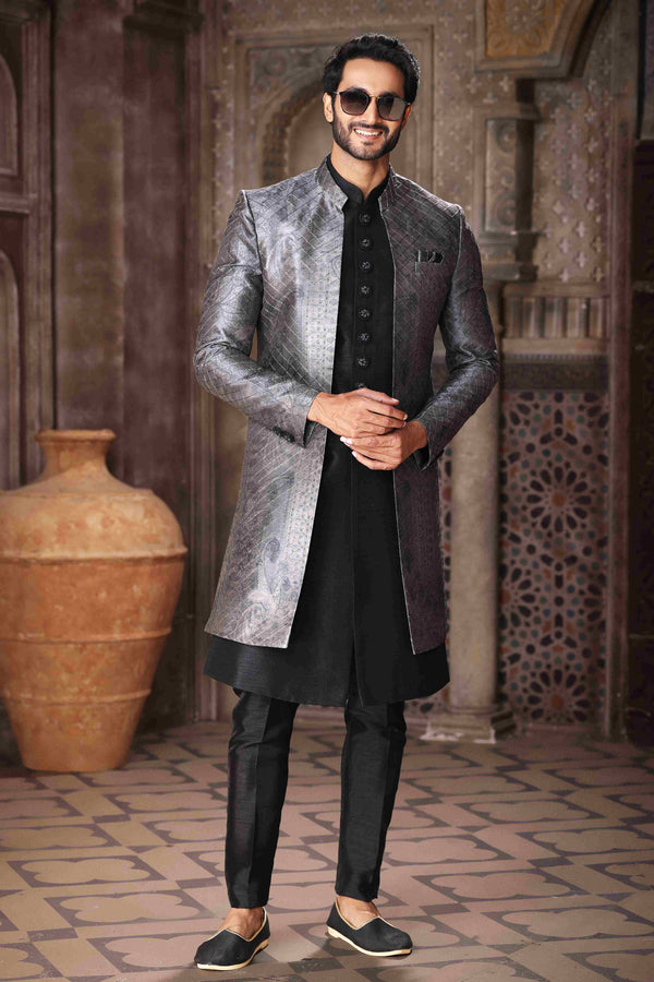 Raivat Ethnic Art Silk Embroidery Work 3 Pcs Indo Jacket Set In Grey Black Colour