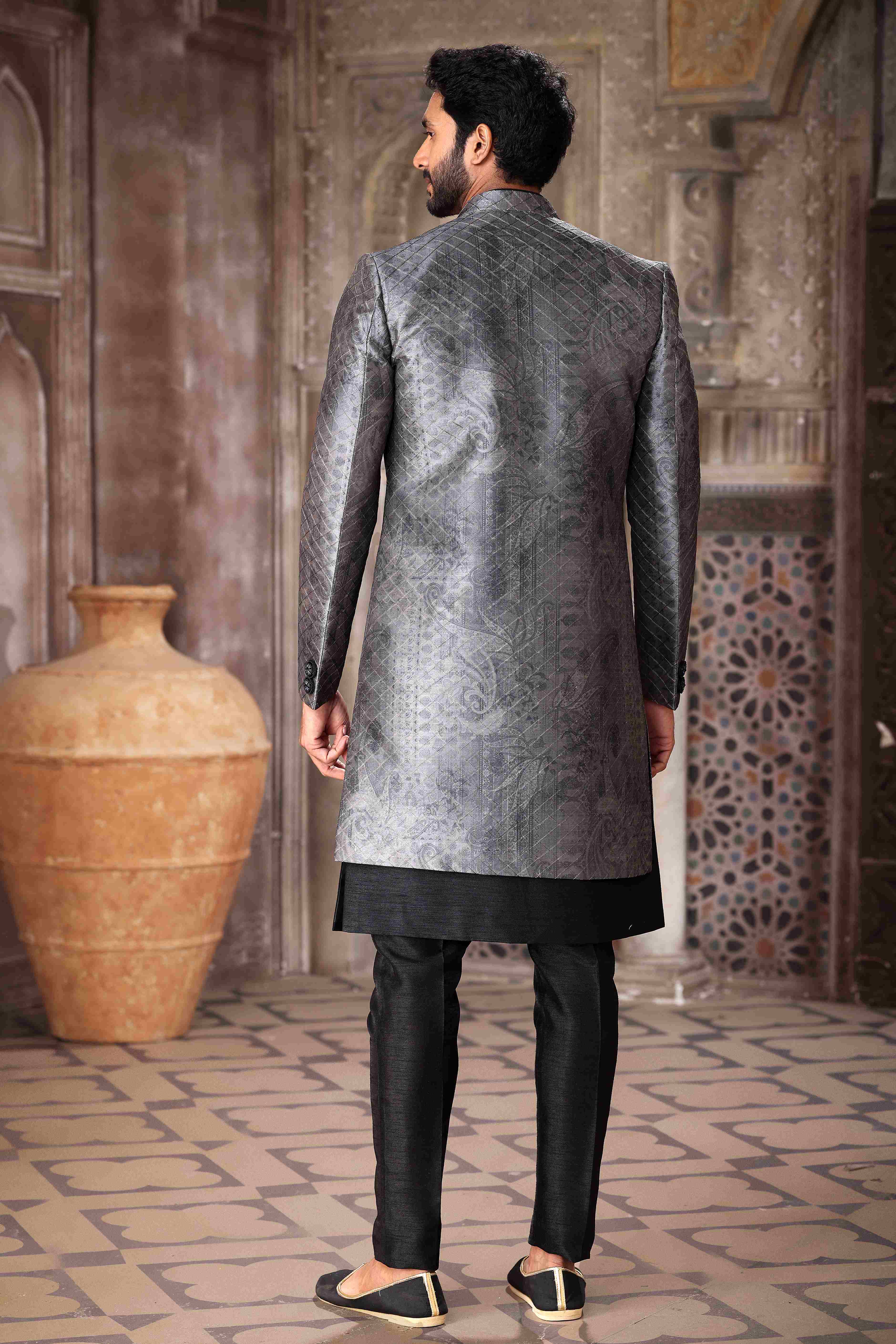 Raivat Ethnic Art Silk Embroidery Work 3 Pcs Indo Jacket Set In Grey Black Colour