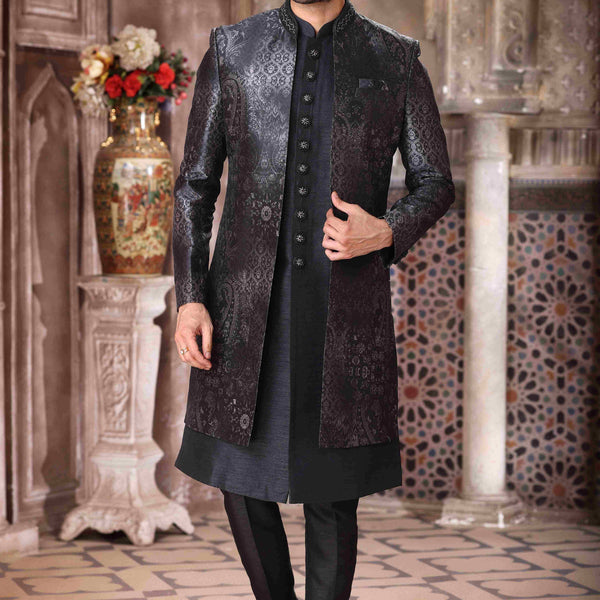 Raivat Ethnic Art Silk Embroidery Work 3 Pcs Indo Jacket Set In Black Colour