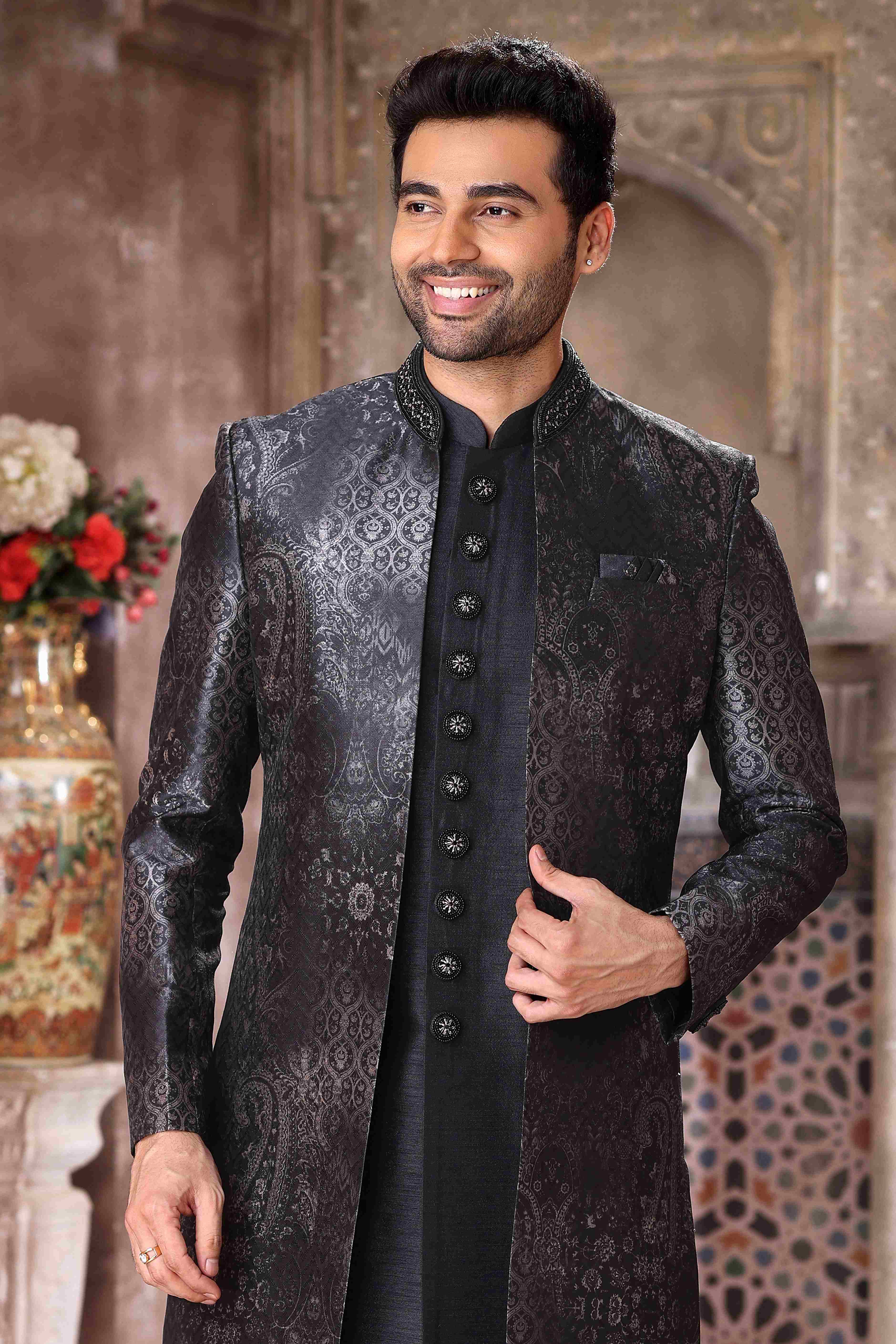 Raivat Ethnic Art Silk Embroidery Work 3 Pcs Indo Jacket Set In Black Colour