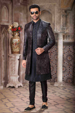 Thumbnail for Raivat Ethnic Art Silk Embroidery Work 3 Pcs Indo Jacket Set In Black Colour
