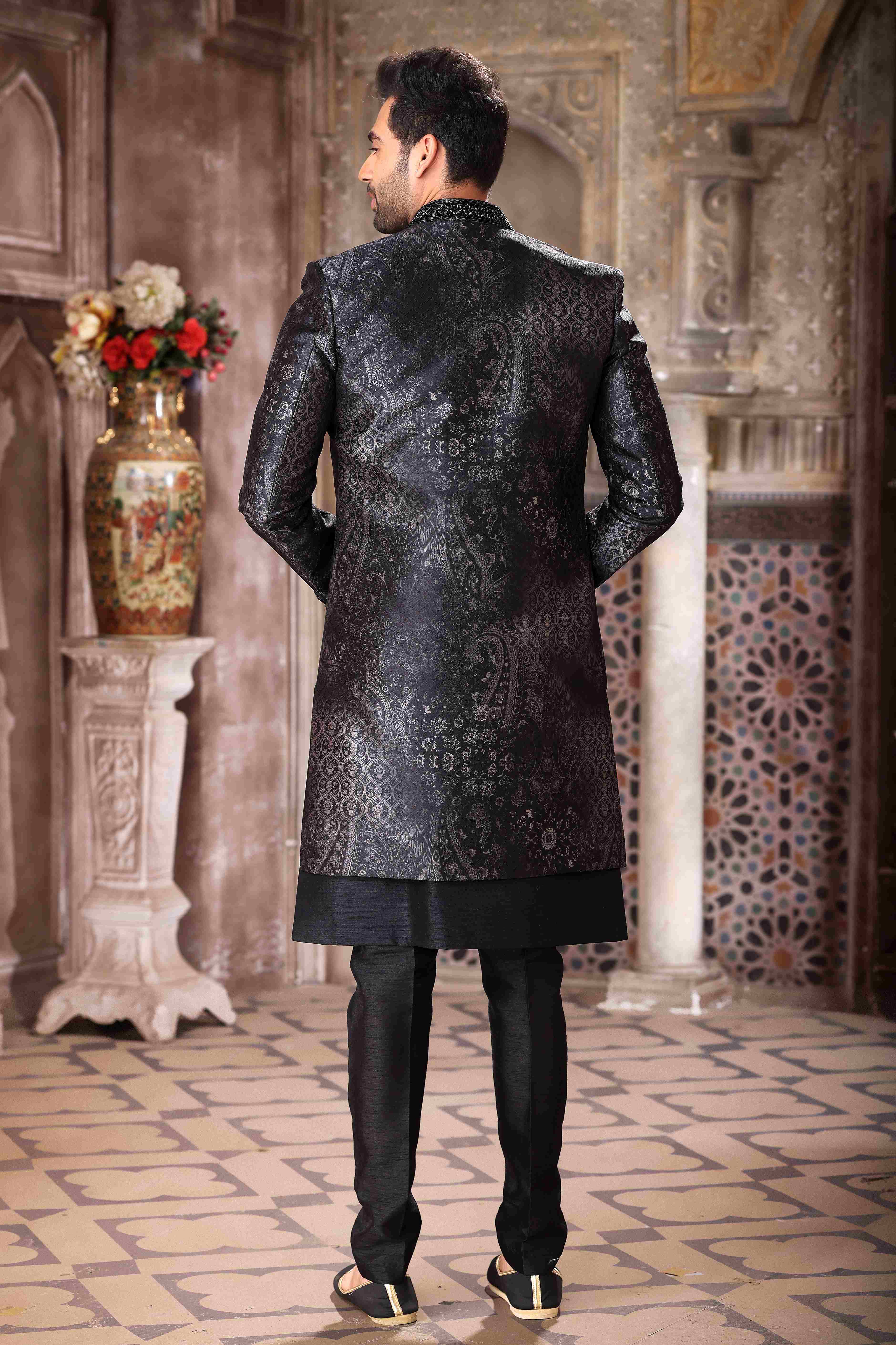 Raivat Ethnic Art Silk Embroidery Work 3 Pcs Indo Jacket Set In Black Colour