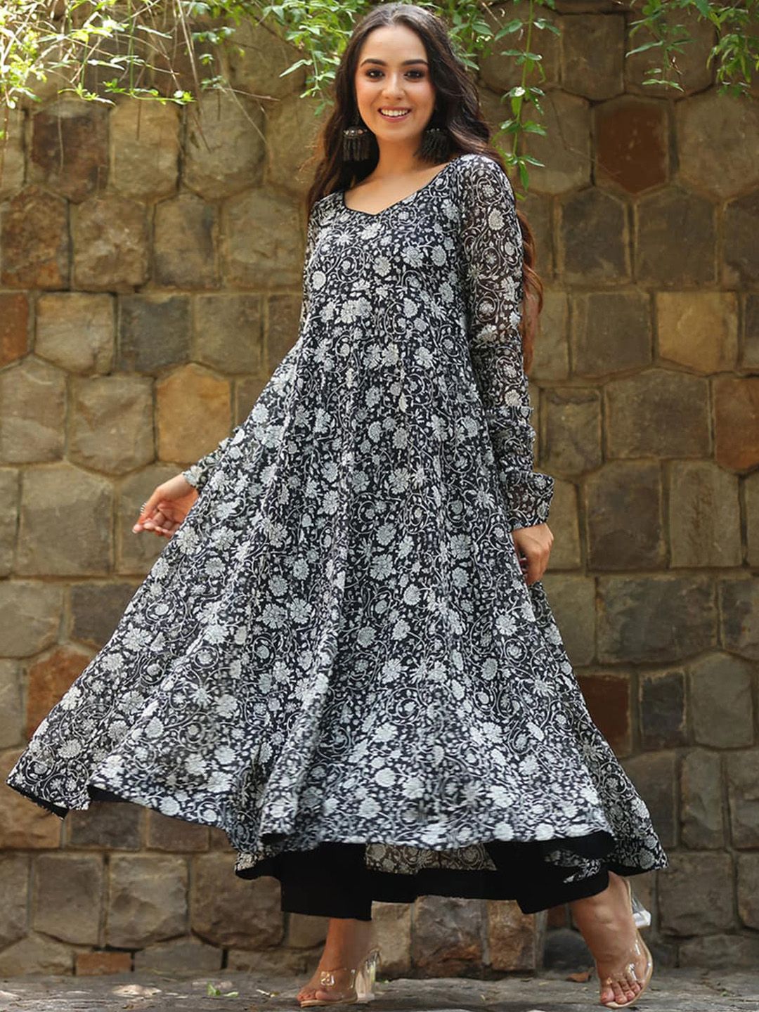 Kalini Floral Printed V-Neck Anarkali Georgette Kurta - Distacart