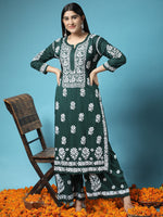 Thumbnail for HOUSE OF KARI Women Green Floral Embroidered Chikankari Kurta with Palazzos - Distacart