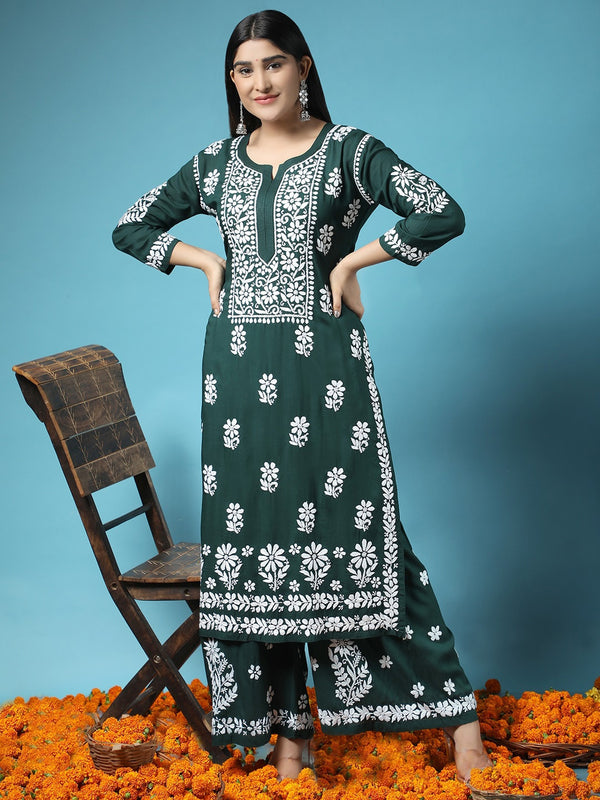 HOUSE OF KARI Women Green Floral Embroidered Chikankari Kurta with Palazzos - Distacart