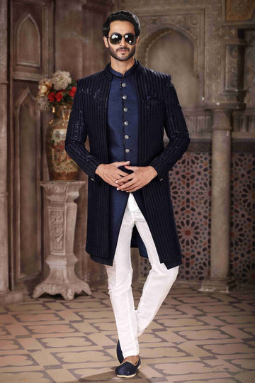 Raivat Ethnic Velvet and Art Silk Embroidery Work 3 Pcs Indo Jacket Set In Blue Colour - Distacart