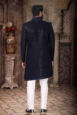 Thumbnail for Raivat Ethnic Velvet and Art Silk Embroidery Work 3 Pcs Indo Jacket Set In Blue Colour