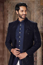 Thumbnail for Raivat Ethnic Velvet and Art Silk Embroidery Work 3 Pcs Indo Jacket Set In Blue Colour