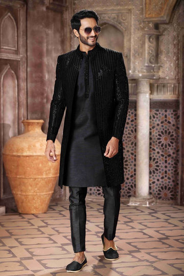 Raivat Ethnic Velvet and Art Silk Embroidery Work 3 Pcs Indo Jacket Set In Black Colour - Distacart