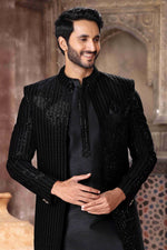 Thumbnail for Raivat Ethnic Velvet and Art Silk Embroidery Work 3 Pcs Indo Jacket Set In Black Colour