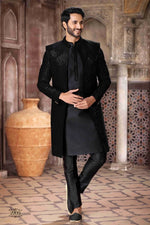 Thumbnail for Raivat Ethnic Velvet and Art Silk Embroidery Work 3 Pcs Indo Jacket Set In Black Colour