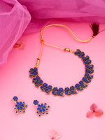 Thumbnail for Tehzeeb Creations Luxurious Gold Polished Blue Colour Diamond Choker Necklace Set With Matching Earrings - Distacart