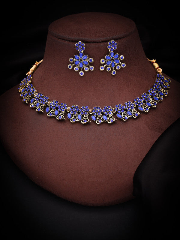 Tehzeeb Creations Luxurious Gold Polished Blue Colour Diamond Choker Necklace Set With Matching Earrings - Distacart