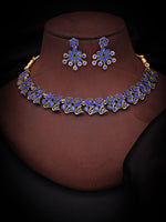 Thumbnail for Tehzeeb Creations Luxurious Gold Polished Blue Colour Diamond Choker Necklace Set With Matching Earrings - Distacart