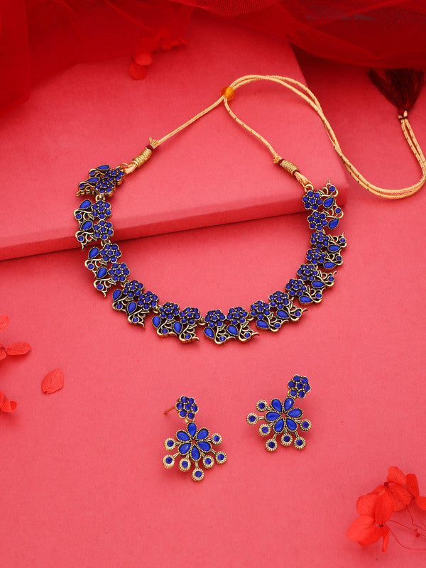 Tehzeeb Creations Luxurious Gold Polished Blue Colour Diamond Choker Necklace Set With Matching Earrings - Distacart