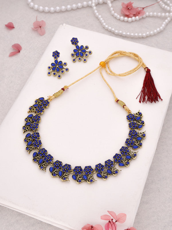 Tehzeeb Creations Luxurious Gold Polished Blue Colour Diamond Choker Necklace Set With Matching Earrings - Distacart