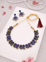 Thumbnail for Tehzeeb Creations Luxurious Gold Polished Blue Colour Diamond Choker Necklace Set With Matching Earrings - Distacart