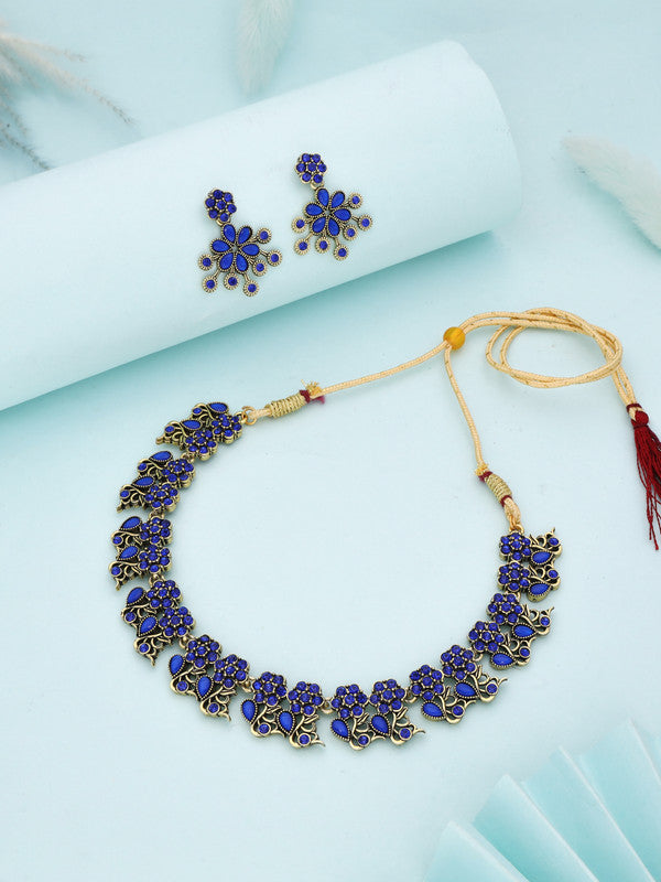 Tehzeeb Creations Luxurious Gold Polished Blue Colour Diamond Choker Necklace Set With Matching Earrings - Distacart