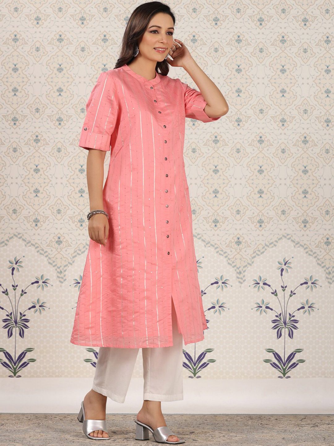 Ode by House of Pataudi Striped Gotta Patti Sequinned A-Line Kurta - Distacart