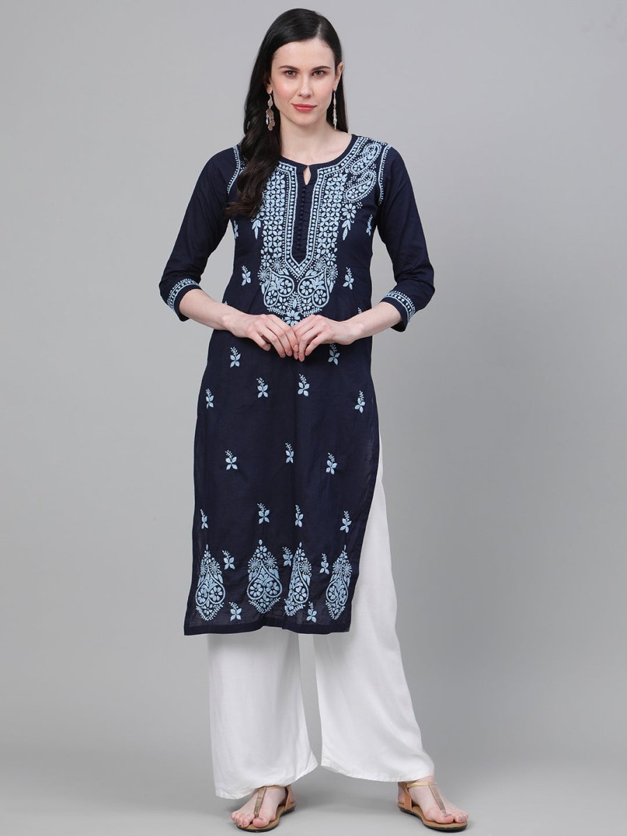 ADA Women Blue Chikankari Hand Embroidered Cotton Straight Sustainable Handloom Kurta - Distacart