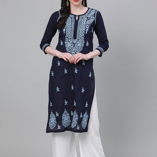 ADA Women Blue Chikankari Hand Embroidered Cotton Straight Sustainable Handloom Kurta - Distacart
